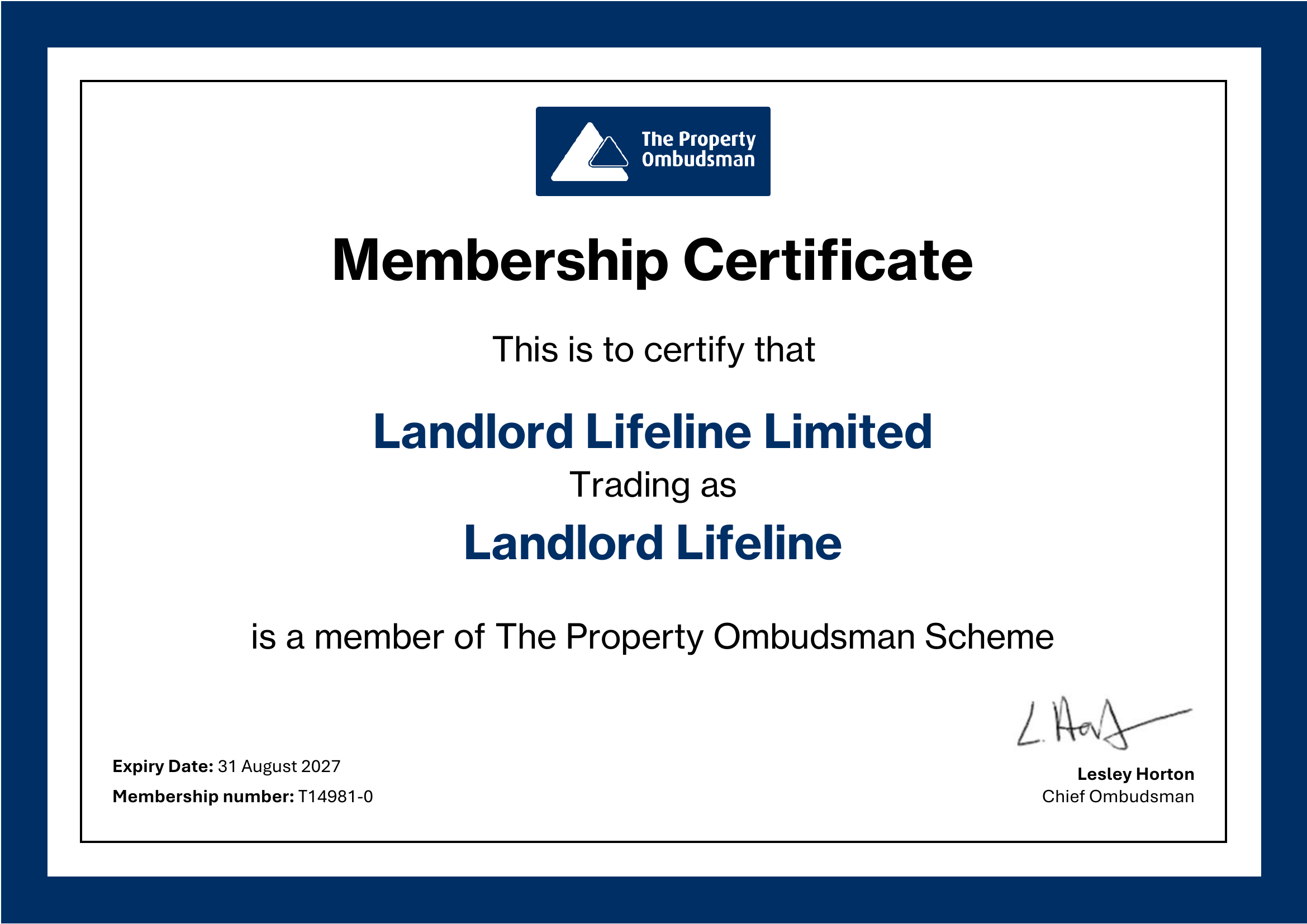 The Property Ombudsman membership certificate for Landlord Lifeline Limited